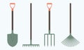 Shovel or spade, rake and pitchfork icons isolated on white background. Gardening tools design. Colorful vector illustration Royalty Free Stock Photo